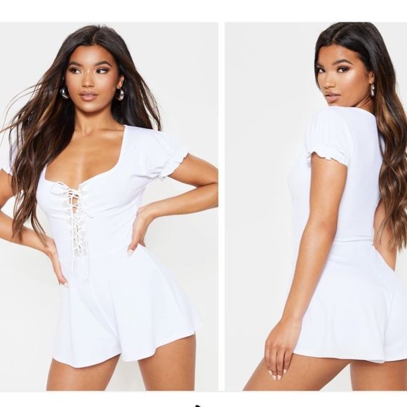 Pretty little thing White Puff Sleeve Loose Fit Romper NWT size 0 - Picture 1 of 11